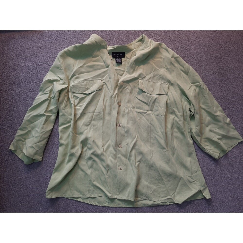 Bay Studio womens Pluss Size 1 X Silk Button Up Top Lime Green 3/4 Sleeve pocket